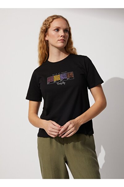 People By Fabrika Bisiklet Yaka Baskılı Siyah Kadın T-shirt Langsa