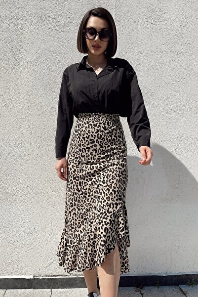 KaSheHa Leopar Desen Fırfırlı Volanlı Asimetrik Midi Etek
