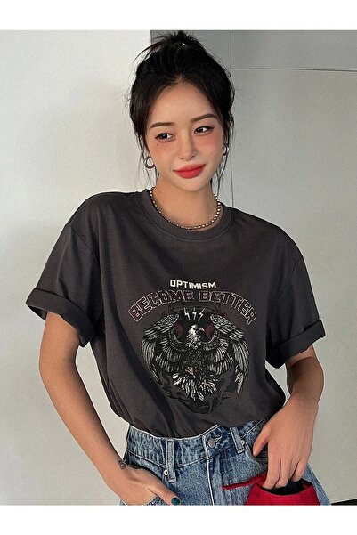 Daxia Women's Anthracite Become Better Printed Oversize Crew Neck T-Shirt
