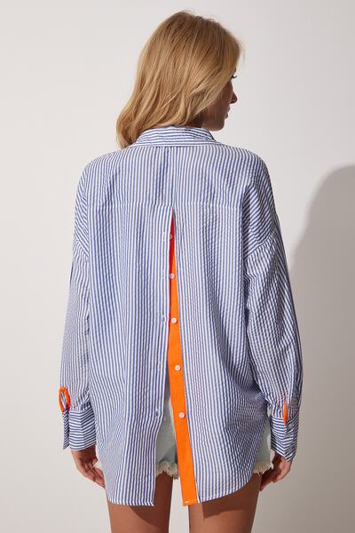 Happiness İstanbul Cămașă oversize cu dungi albastre portocalii pentru femei DX00006