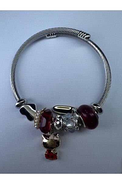 DUYGUSHOESBAG Model Silver Steel Bracelet with Red Figure