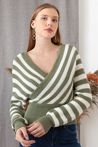 AQE FASHION Γυναικείο πουλόβερ με ριγέ μακρυμάνικο χακί V λαιμόκοψη