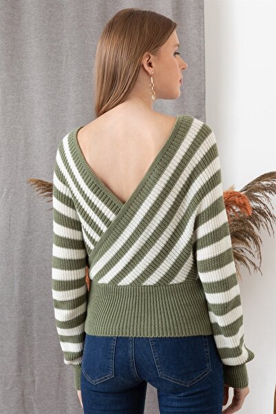 AQE FASHION Γυναικείο πουλόβερ με ριγέ μακρυμάνικο χακί V λαιμόκοψη