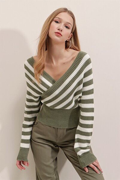 AQE FASHION Pulover de damă în dungi, cu guler dublu, mentă