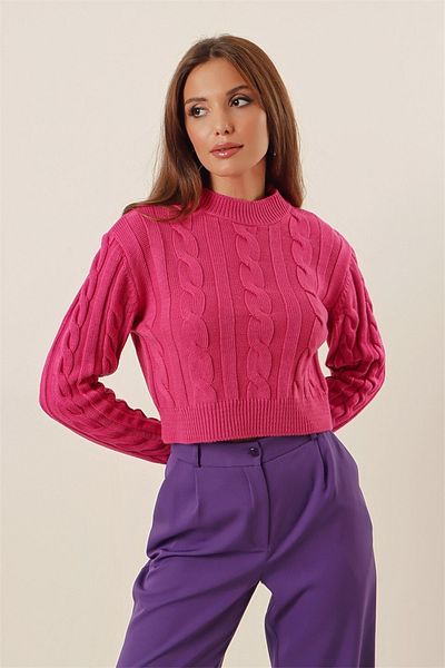 AQE FASHION Pulover negru, scurt, împletit, cu gât pe jumătate
