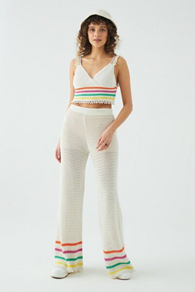 JU Farebné pruhované úpletové nohavice Arlu Wide Leg Ecru