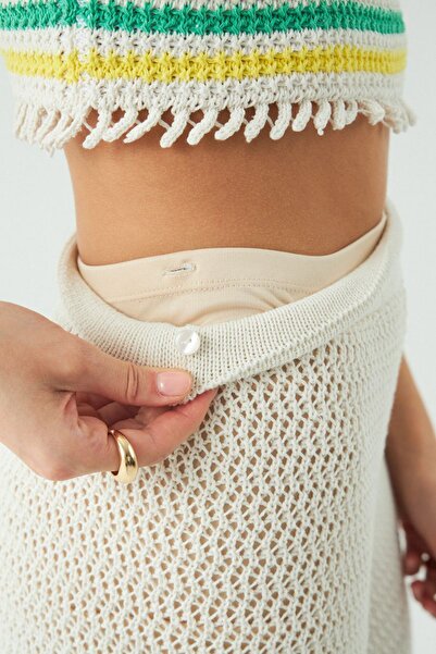 JU Farebné pruhované úpletové nohavice Arlu Wide Leg Ecru