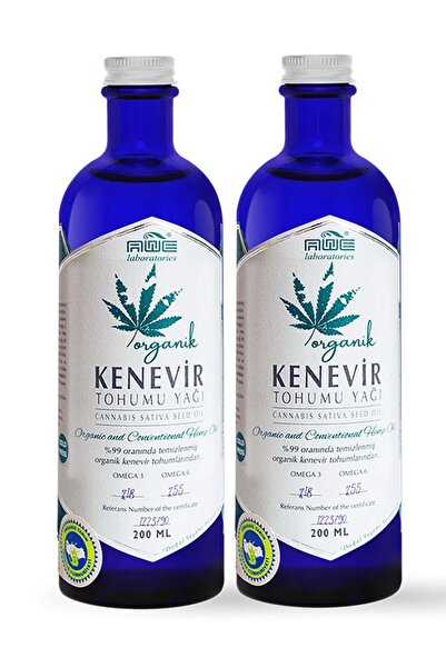 Awe Laboratories Organik Kenevir-kendir Tohumu Yağı 200 ml X 2 Adet / , Omega 3-6-9