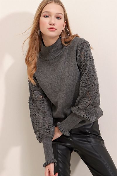 AQE FASHION Pulover de damă, antracit, cu jumătate de gât cu detaliu din dantelă