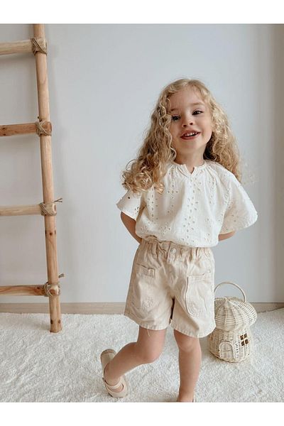 Pink Hippo Kids Girl's Double Bottom Top Set with Scallop Detailed Blouse and Denim Shorts