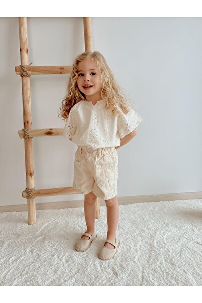 Pink Hippo Kids Girl's Double Bottom Top Set with Scallop Detailed Blouse and Denim Shorts