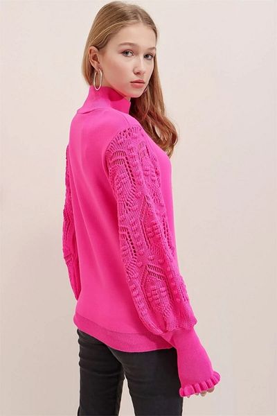 AQE FASHION Pulover de damă fucsia cu mânecă țestoasă jumătate din dantelă