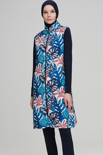 Nehar Colorful Leaf Pattern Navy Blue Jelly 3 Piece Hijab Swimsuit Set 2218