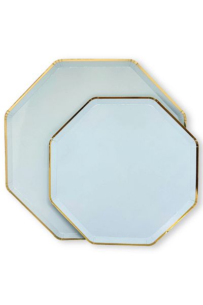 Mare Karnaval Octagonal Baby Blue Gold Gilt Cardboard Party Plate 8 Pieces-18cm