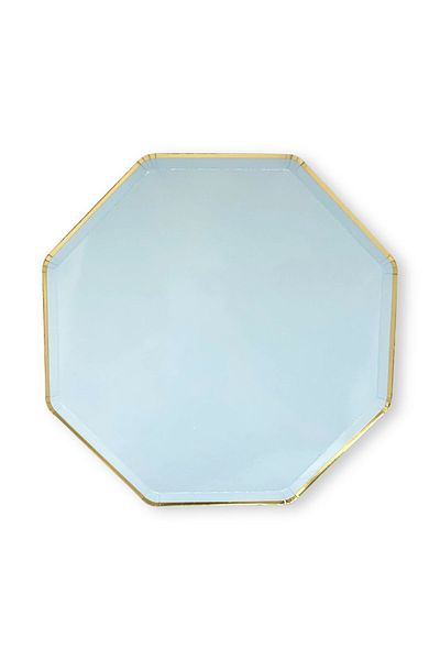 Mare Karnaval Octagonal Baby Blue Gold Gilt Cardboard Party Plate 8 Pieces-18cm