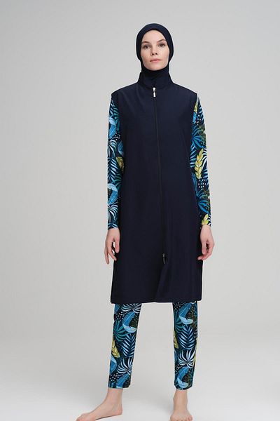 Nehar Magnolia Leaf Pattern Navy Blue Jelly 3 Piece Hijab Swimsuit Set 2228