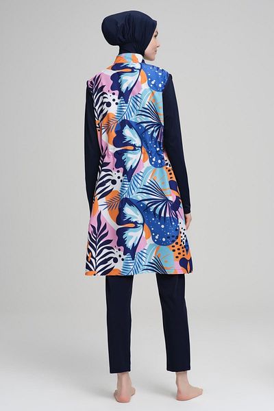 Nehar Colorful Patterned Navy Blue Jelly 3 Piece Hijab Swimsuit Set 2219