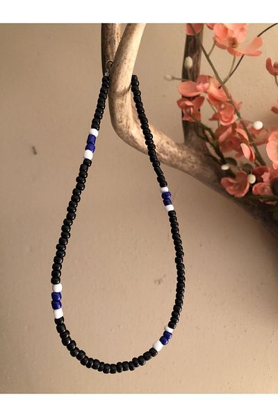 Stoneday Black Color White Blue Detailed Sand Bead Unisex Necklace
