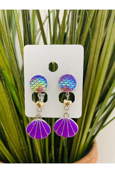 1PARÇAMAVİ Purple Oyster Shell Mermaid Mermarid Clip-on Children's Earrings - Pinched Earrings