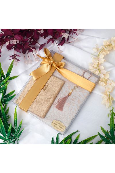 H Hediye Hemen 128 Sheets Plexiglass Written Velvet Yasin + Prayer Rug + Pearl Prayer Beads in Transparent Acetate Box - Gold
