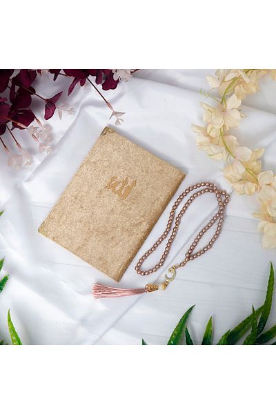 H Hediye Hemen 128 Sheets Plexiglass Written Velvet Yasin + Prayer Rug + Pearl Prayer Beads in Transparent Acetate Box - Gold