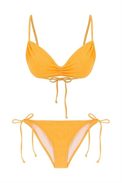 AQUELLA Textured Yellow Gathered Bustier Bikini Set