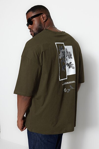 Trendyol Collection Khaki Oversize Floral Printed Comfortable Cotton T-Shirt - TMNSS23TS00136