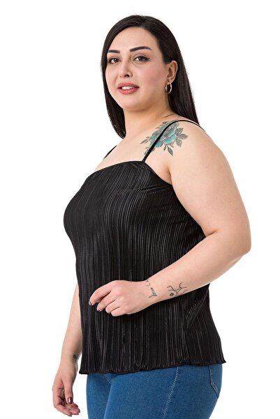 DISENTIS MODEST Large Size Adjustable Rope Strap Black Blouse with Elastic Back and Tie