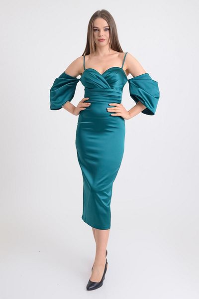 SpringStore Rochie de seara din satin cu maneca balon smarald