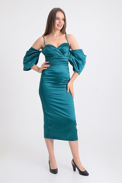 SpringStore Rochie de seara din satin cu maneca balon smarald