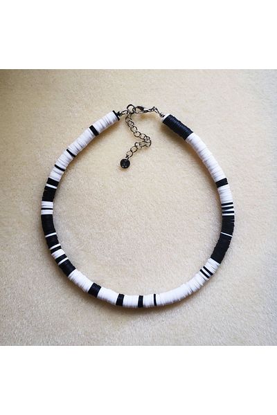 Stoneday Unisex Black White Silver Detailed Fimo Bead Necklace