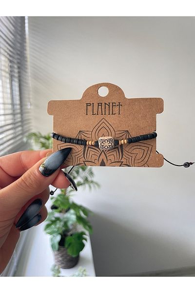Planet Butik سوار أصلي من الخشب الأسود للجنسين بتفاصيل سيراميك