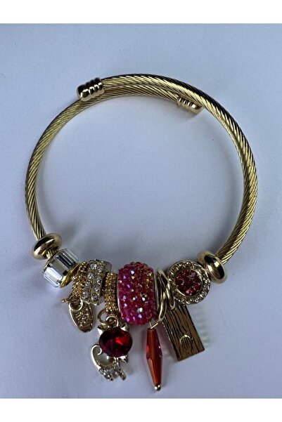 DUYGUSHOESBAG Gold Steel Bracelet with Red Kitten Figure