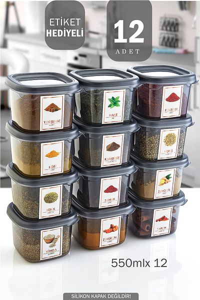 GRİMOR Life 12 Pieces Spice Rack Pulses Storage Container with Leak-Proof Label 550 ml - Deep Freezer and Microwave