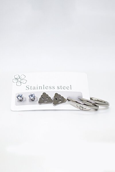 EUROMODA مجموعة من 3 أقراط فولاذية مع طوق فولاذي على شكل وجه مبتسم وأقراط سول...