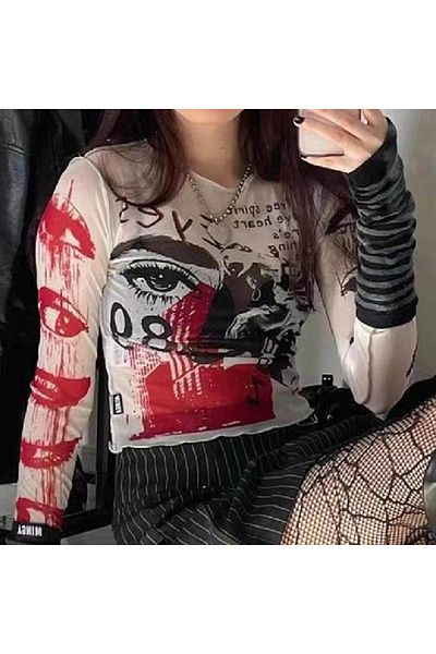 Köstebek Εκρού Grunge Marginally Printed Μακρυμάνικο Crop