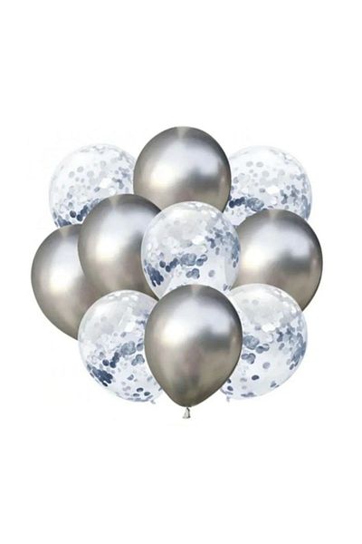 DÜVENCİ TİCARET Chrome Silver Balloon Set with Silver Confetti 10 Pieces