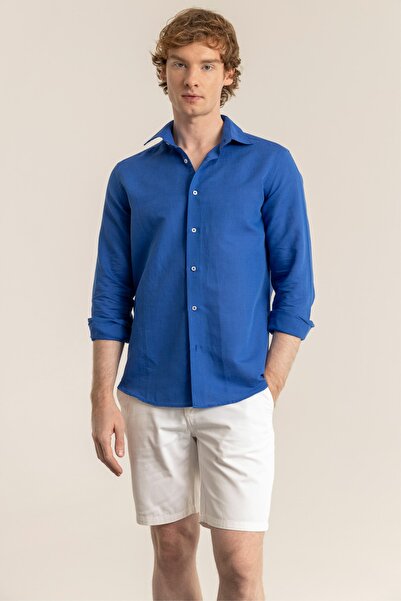 alenmeza Erkek Saks Mavi %100 Keten Modern Fit Cepsiz Gömlek