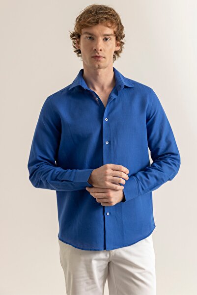 alenmeza Erkek Saks Mavi %100 Keten Modern Fit Cepsiz Gömlek