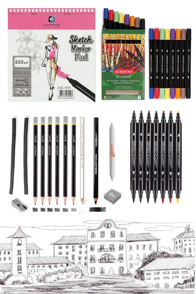 GLANCE Alex Schoeller Drawing 15*15 Cm 40yp 200gr Derwent Academy Double Sided Felted Pencil 8 Colors Drawing Set