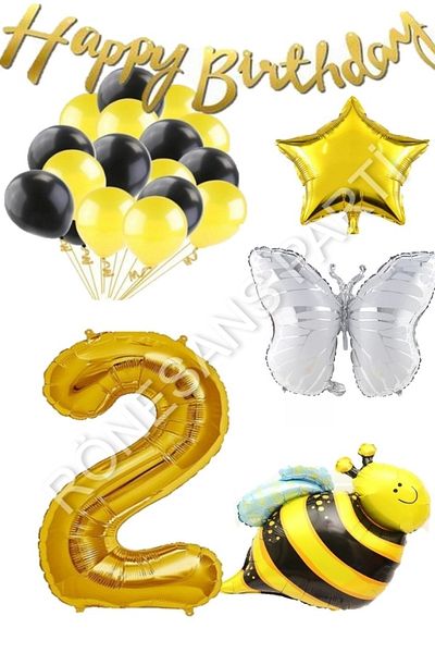 RÖNESANS PARTİ Happy Birthday Banner and Star Foil Balloon Set with Bee and Butterfly Characters Age 2