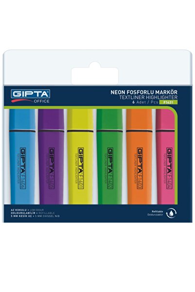 Gıpta Fosforlu Kalem Neon Renkler 6'lı Kesik Uç 5 Mm