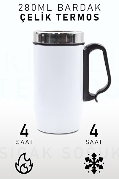 İkon store 280 Ml Özel Kulplu Beyaz Bardak Çelik Termos