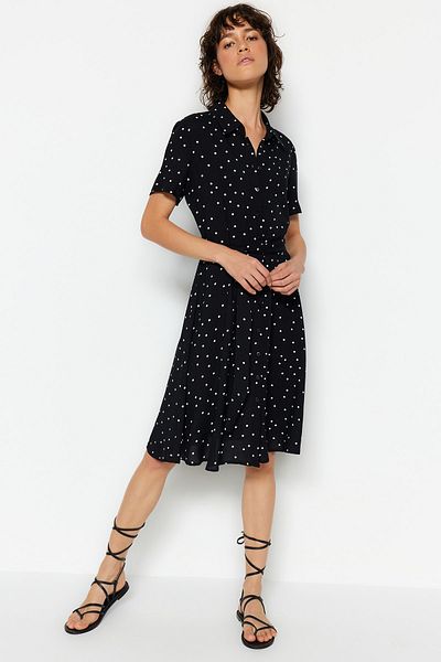 Trendyol Collection Black Polka Dot Belted Midi Woven Shirt Dress TWOSS23EL02396