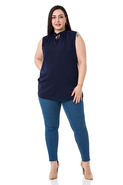 DISENTIS MODEST Plus Size Collar Tie Up Stand Collar Side Slit Flowy Sleeveless Navy Blue Blouse