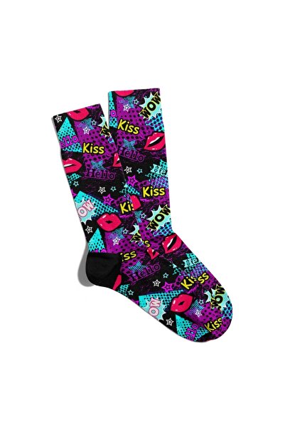 Eğlenceli Çoraplar Fun Socks Unisex Kiss Hello Popart Printed Socks Ecsoket127
