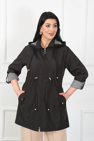 By Alba Collection Women's Black Water Repellent Bondit Fabric Striped Large Size Trench Coat