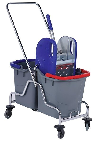 Sağlam Çift Kovalı Metal Krom Gövdeli Temizlik Arabası Seti Çelik Presli