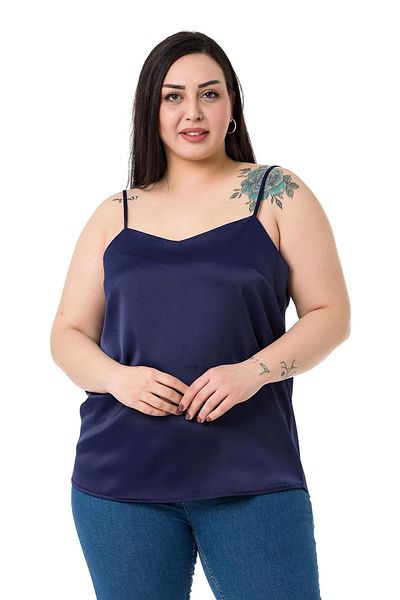 DISENTIS MODEST Plus Size Adjustable Thin Strap Satin Navy Blue Blouse