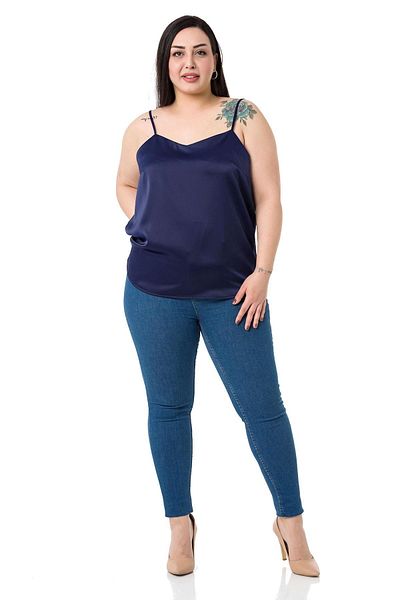 DISENTIS MODEST Plus Size Adjustable Thin Strap Satin Navy Blue Blouse